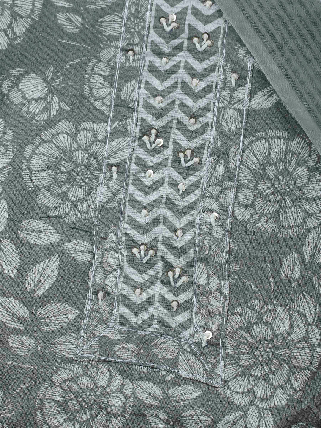 Grey Printed Cotton Blend Unstitched Dress Material