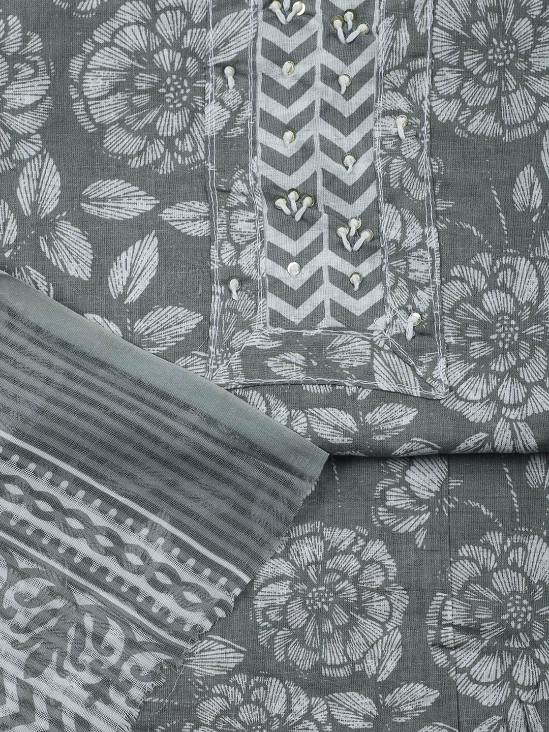 Grey Printed Cotton Blend Unstitched Dress Material