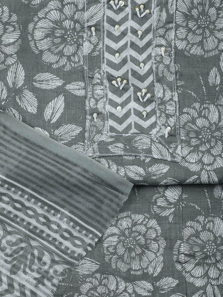 Grey Printed Cotton Blend Unstitched Dress Material