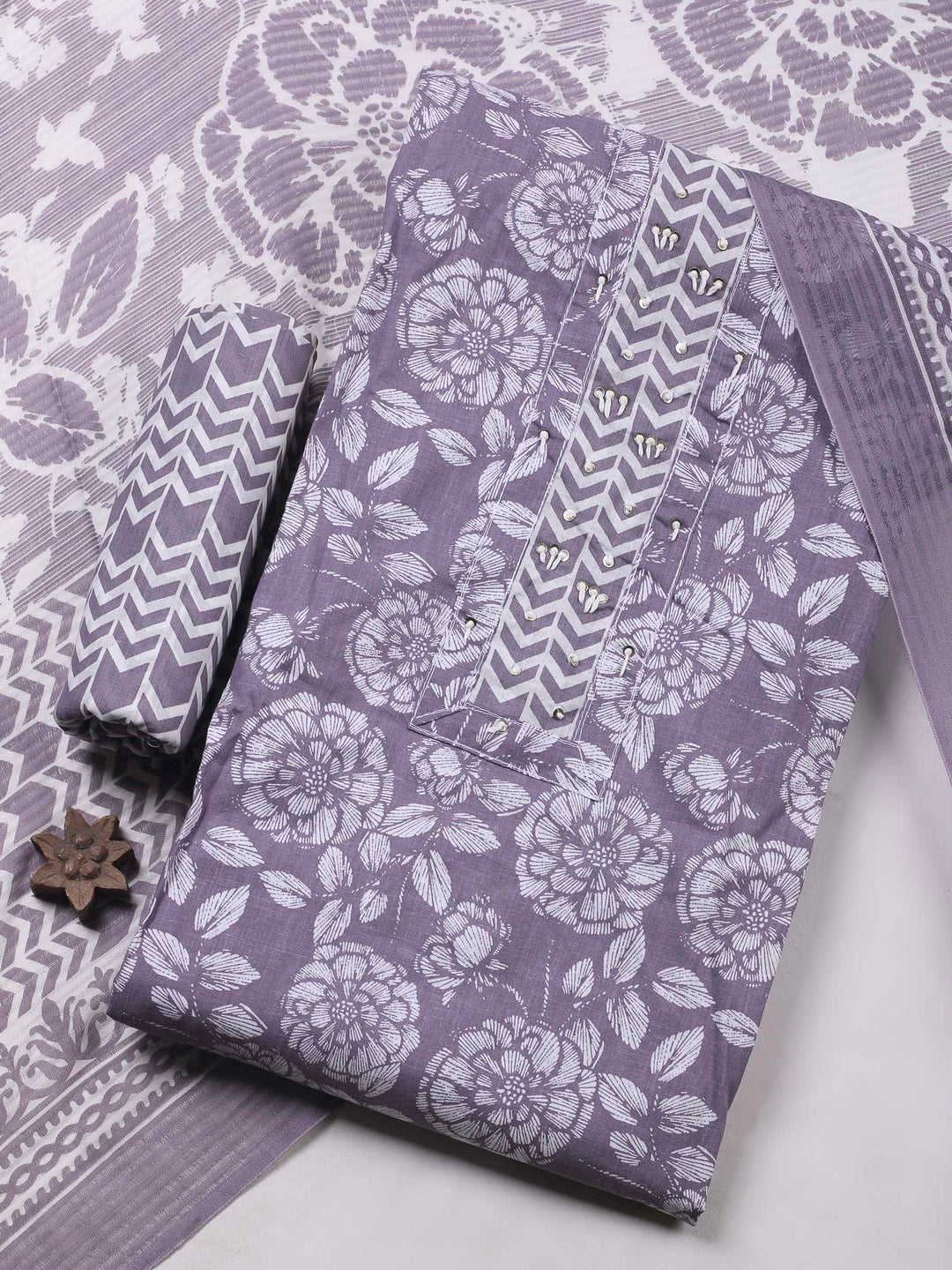 Mauve Printed Cotton Blend Unstitched Dress Material