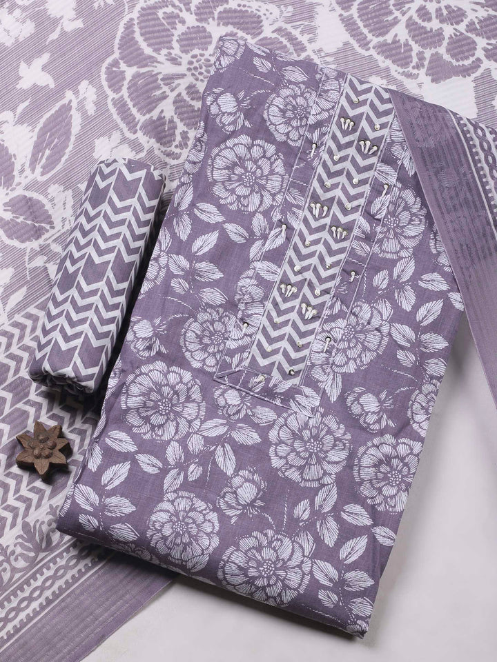 Mauve Printed Cotton Blend Unstitched Dress Material