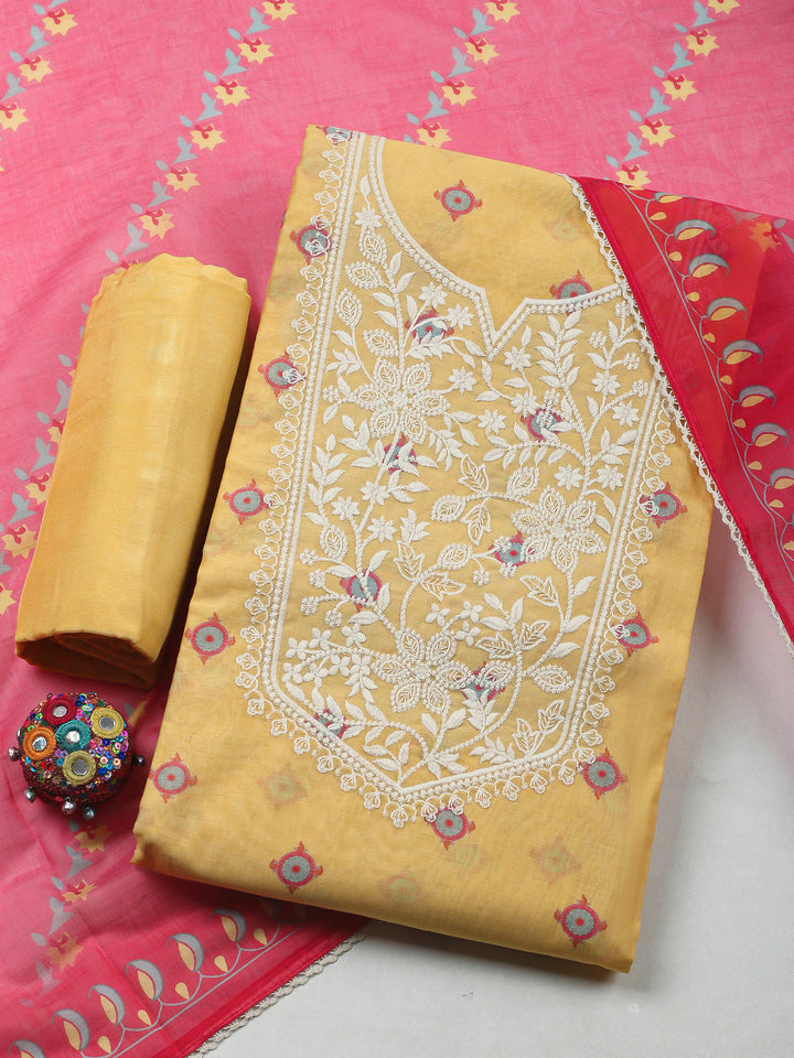 Mustard Embroidery Chanderi Unstitched Dress Material