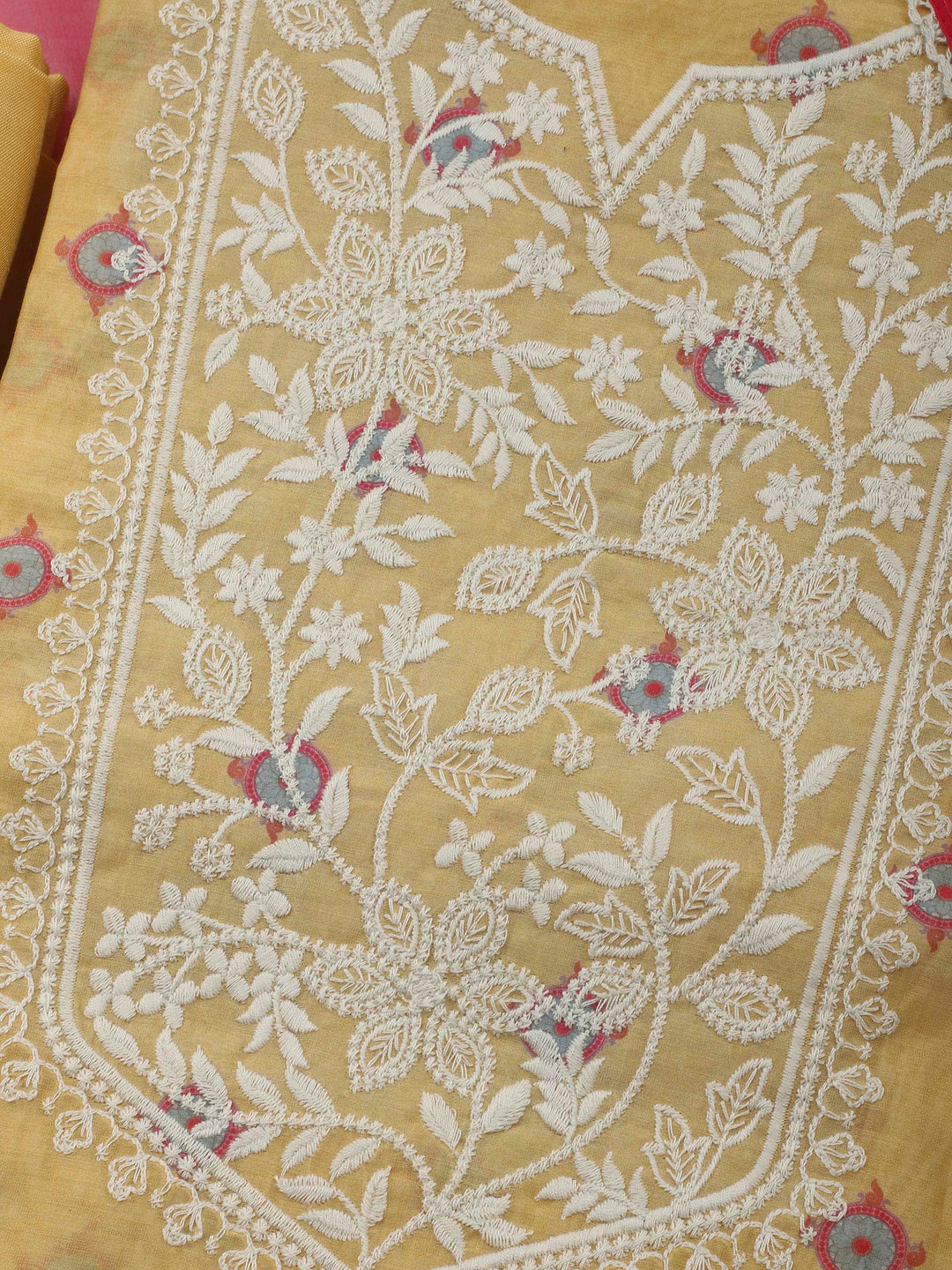 Mustard Embroidery Chanderi Unstitched Dress Material