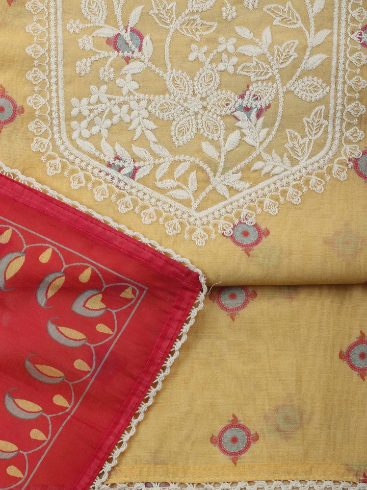 Mustard Embroidery Chanderi Unstitched Dress Material