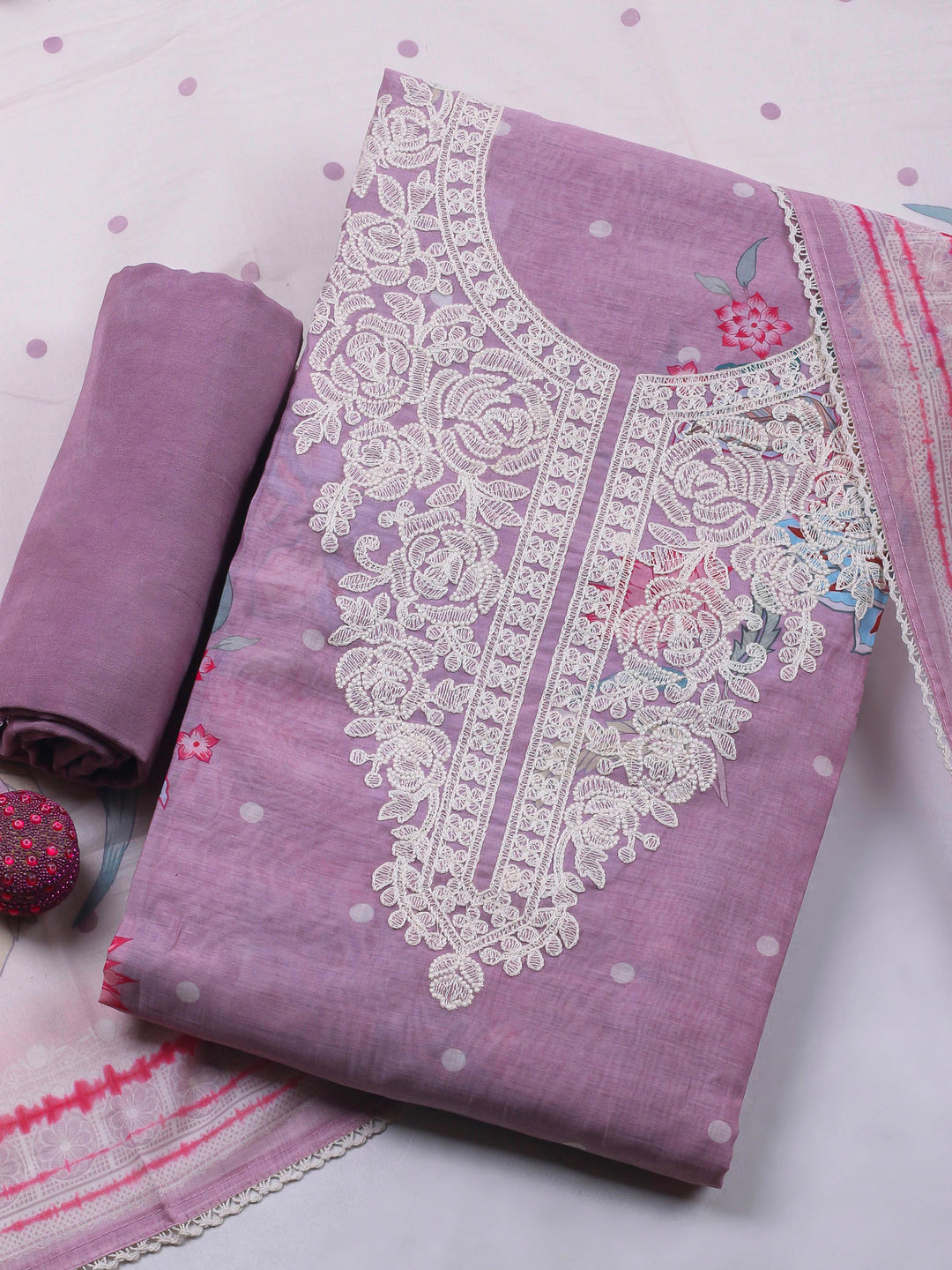 Mauve Embroidery Chanderi Unstitched Dress Material