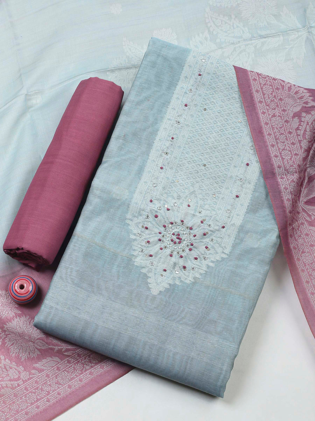 Grey Woven Design Chanderi Unstitched Dress Material