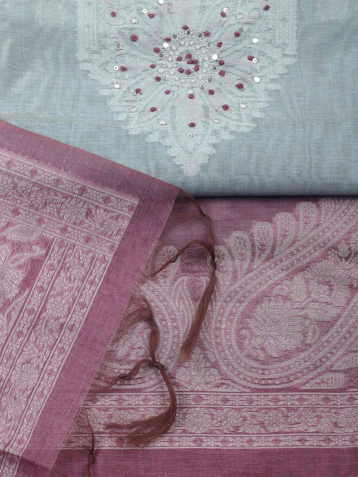 Grey Woven Design Chanderi Unstitched Dress Material