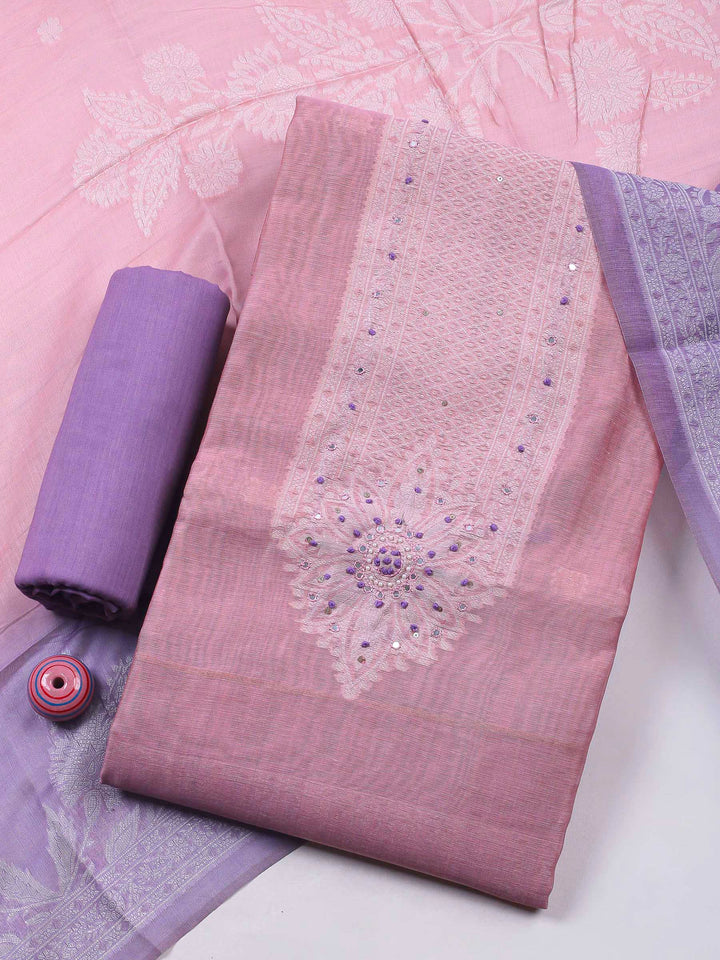 Pink Woven Design Chanderi Unstitched Dress Material
