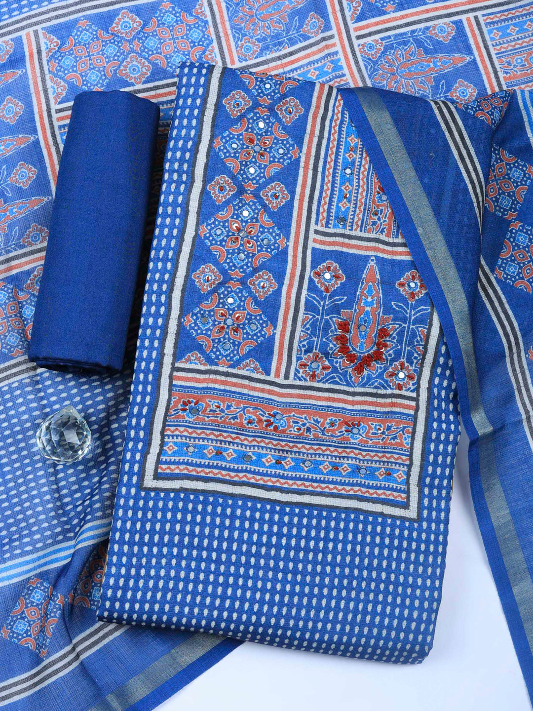 Blue Printed Cotton Blend Unstitched Dress Material