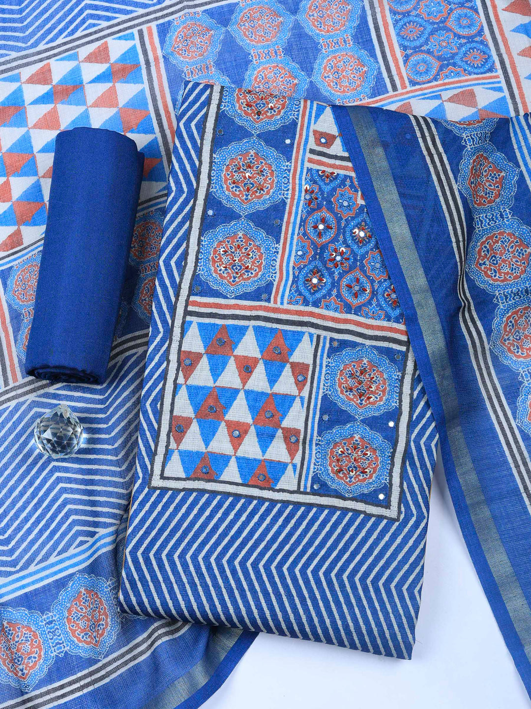Blue Printed Cotton Blend Unstitched Dress Material
