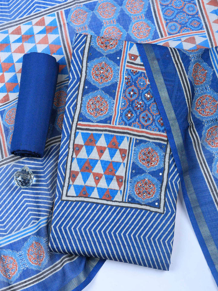 Blue Printed Cotton Blend Unstitched Dress Material
