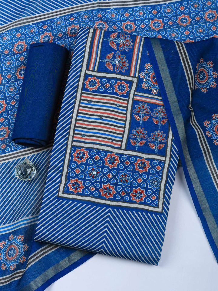 Blue Printed Cotton Blend Unstitched Dress Material