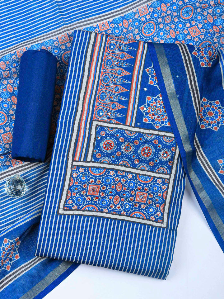 Blue Printed Cotton Blend Unstitched Dress Material