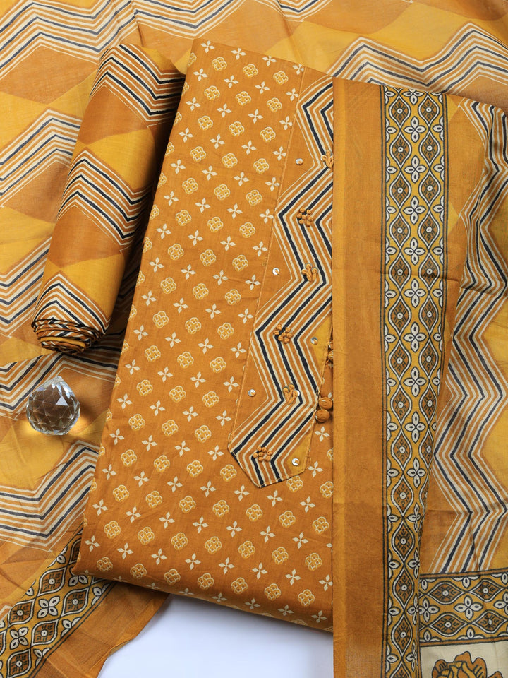 Mustard Printed Cotton Blend Unstitched Suit &amp; Pant With Cotton Dupatta