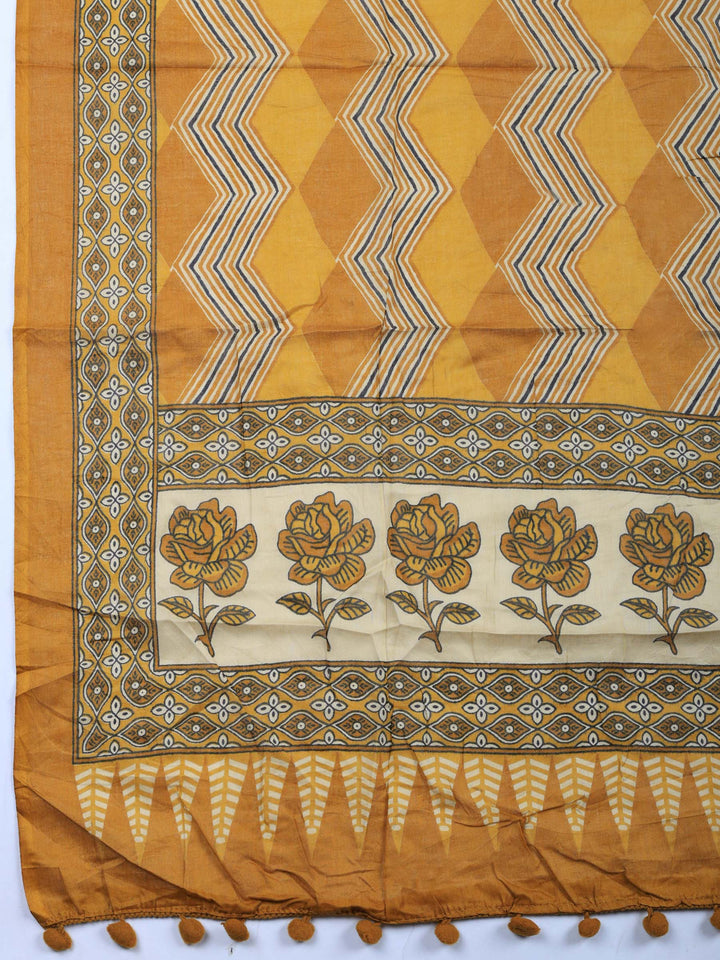 Mustard Printed Cotton Blend Unstitched Suit &amp; Pant With Cotton Dupatta