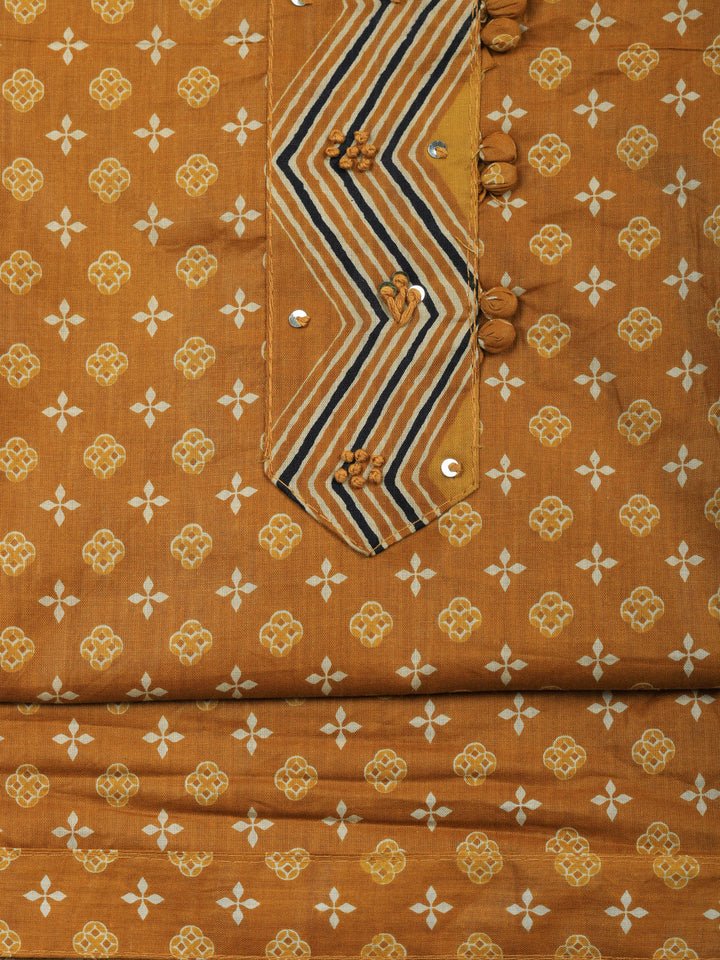 Mustard Printed Cotton Blend Unstitched Suit &amp; Pant With Cotton Dupatta