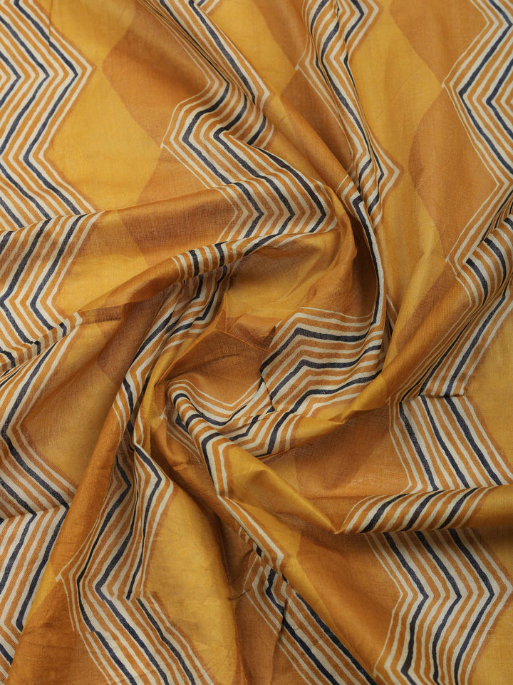 Mustard Printed Cotton Blend Unstitched Suit &amp; Pant With Cotton Dupatta