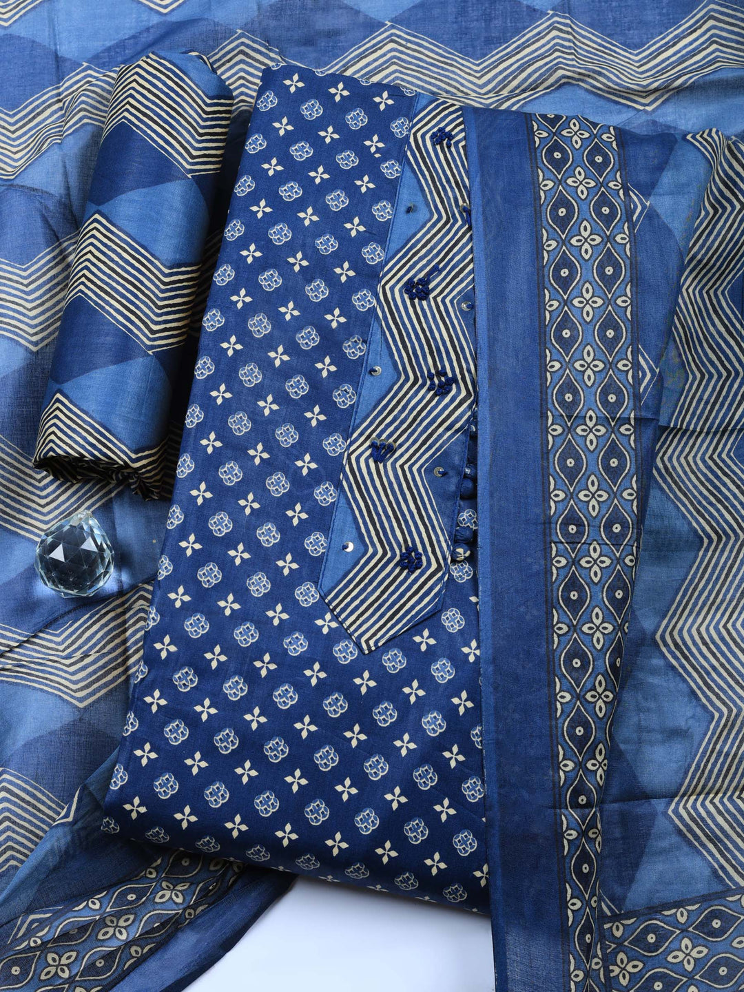 Navy Blue Printed Cotton Blend Unstitched Suit &amp; Pant With Cotton Dupatta