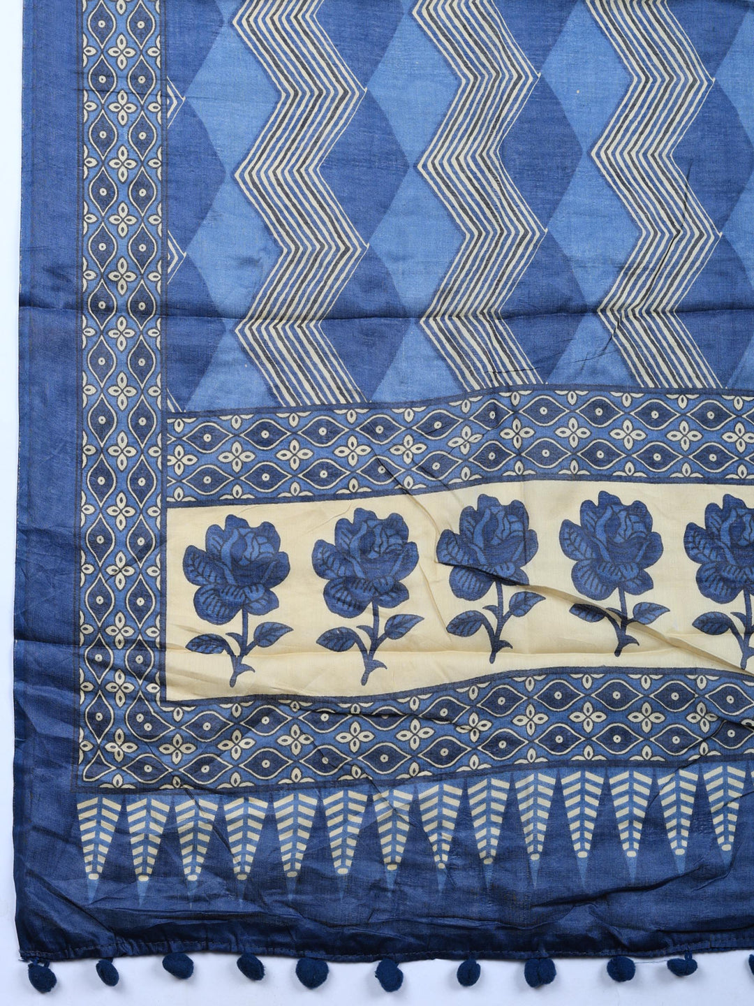 Navy Blue Printed Cotton Blend Unstitched Suit &amp; Pant With Cotton Dupatta