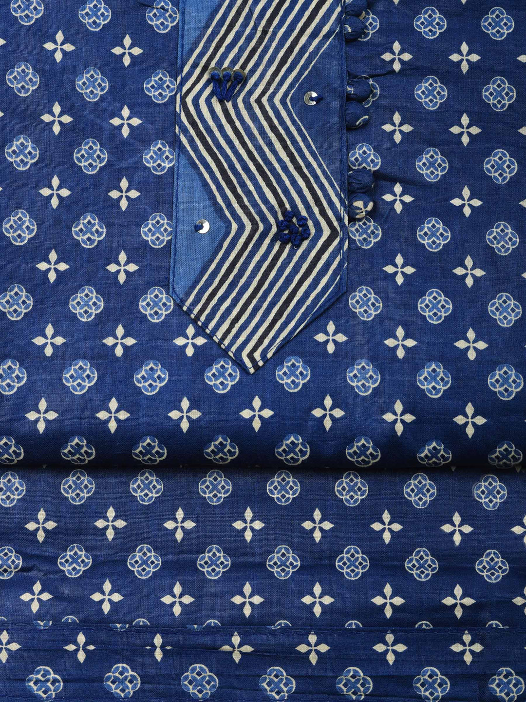 Navy Blue Printed Cotton Blend Unstitched Suit &amp; Pant With Cotton Dupatta