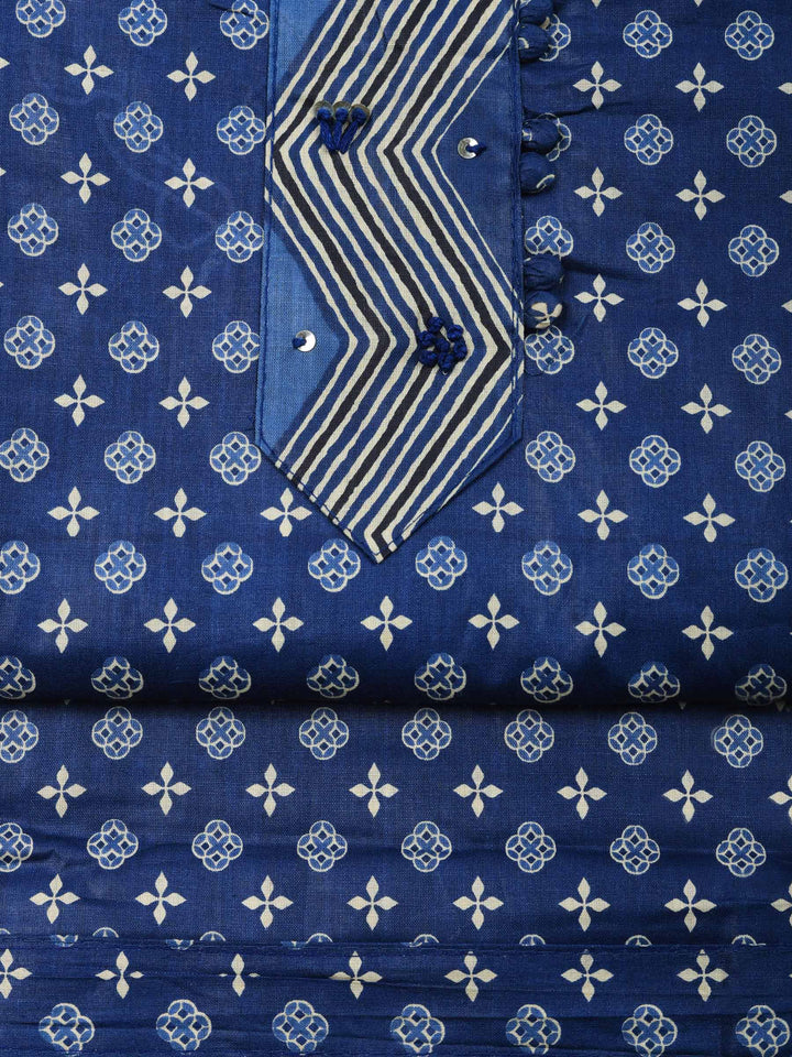 Navy Blue Printed Cotton Blend Unstitched Suit &amp; Pant With Cotton Dupatta