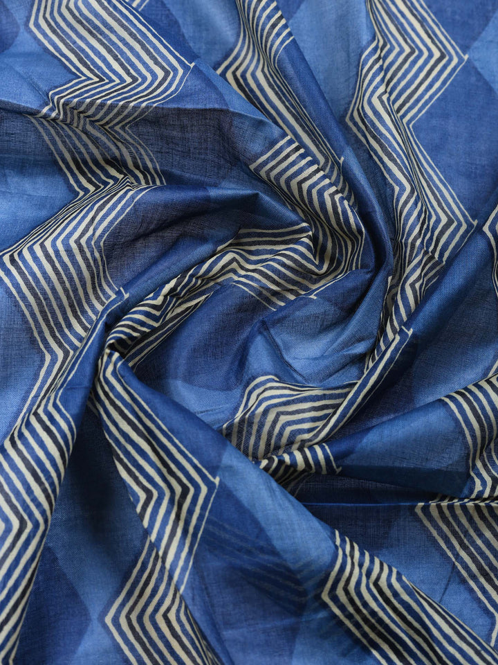Navy Blue Printed Cotton Blend Unstitched Suit &amp; Pant With Cotton Dupatta