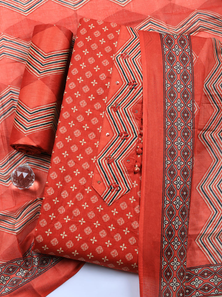 Red Printed Cotton Blend Unstitched Suit &amp; Pant With Cotton Dupatta