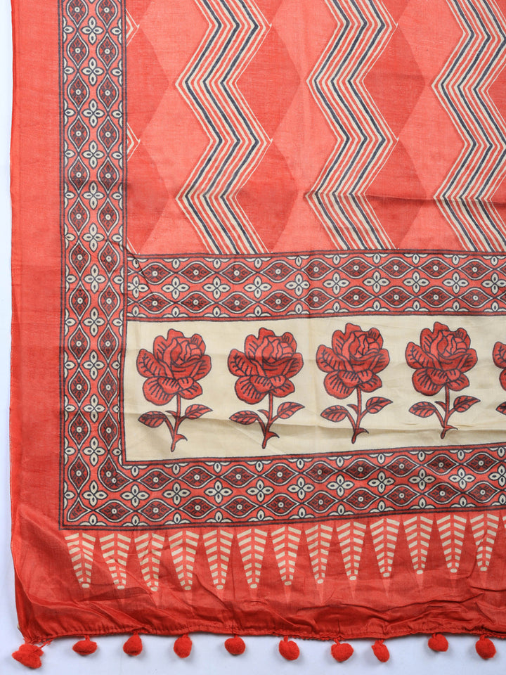 Red Printed Cotton Blend Unstitched Suit &amp; Pant With Cotton Dupatta