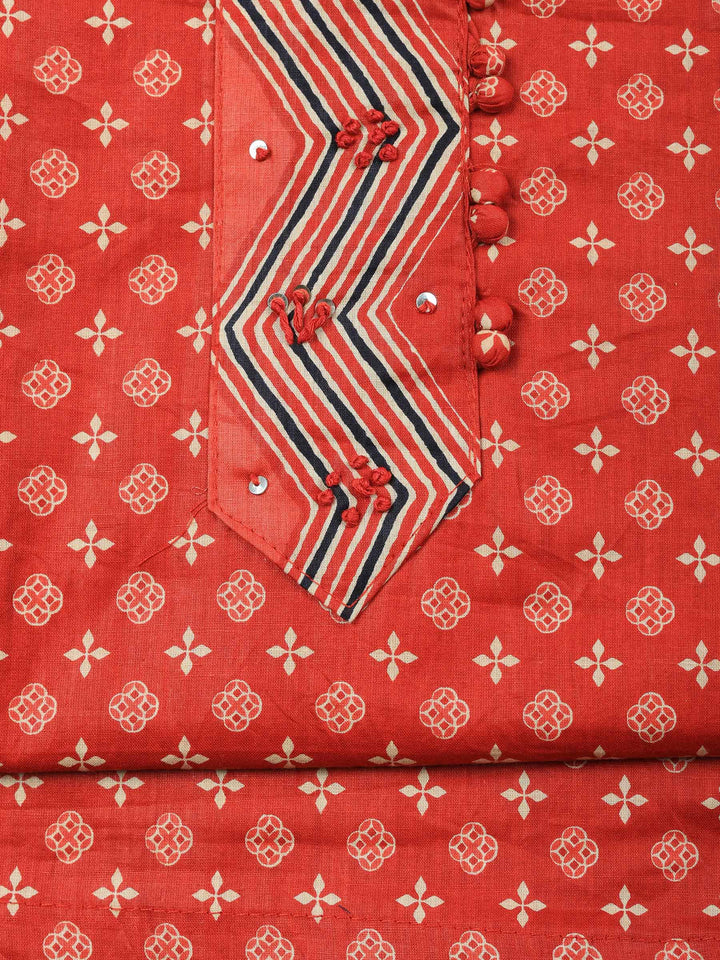 Red Printed Cotton Blend Unstitched Suit &amp; Pant With Cotton Dupatta