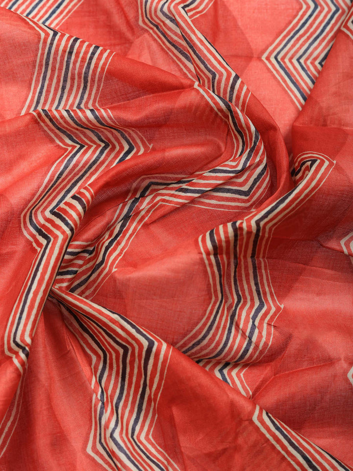 Red Printed Cotton Blend Unstitched Suit &amp; Pant With Cotton Dupatta