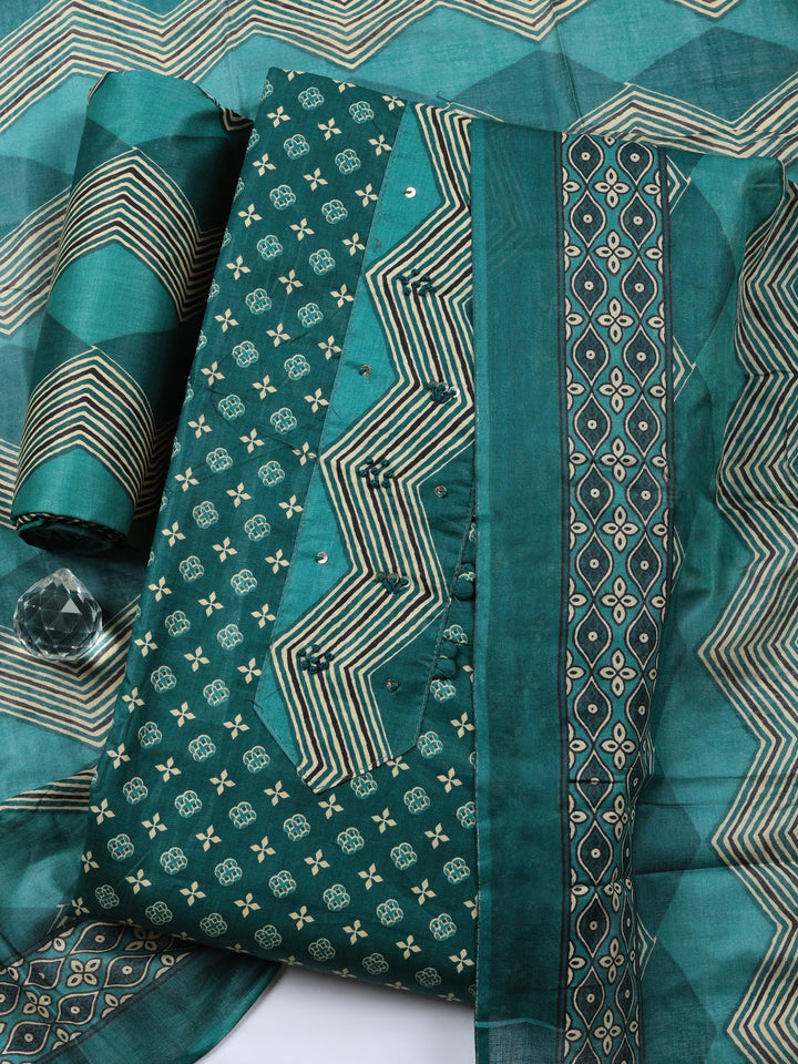 Teal Green Printed Cotton Blend Unstitched Suit &amp; Pant With Cotton Dupatta