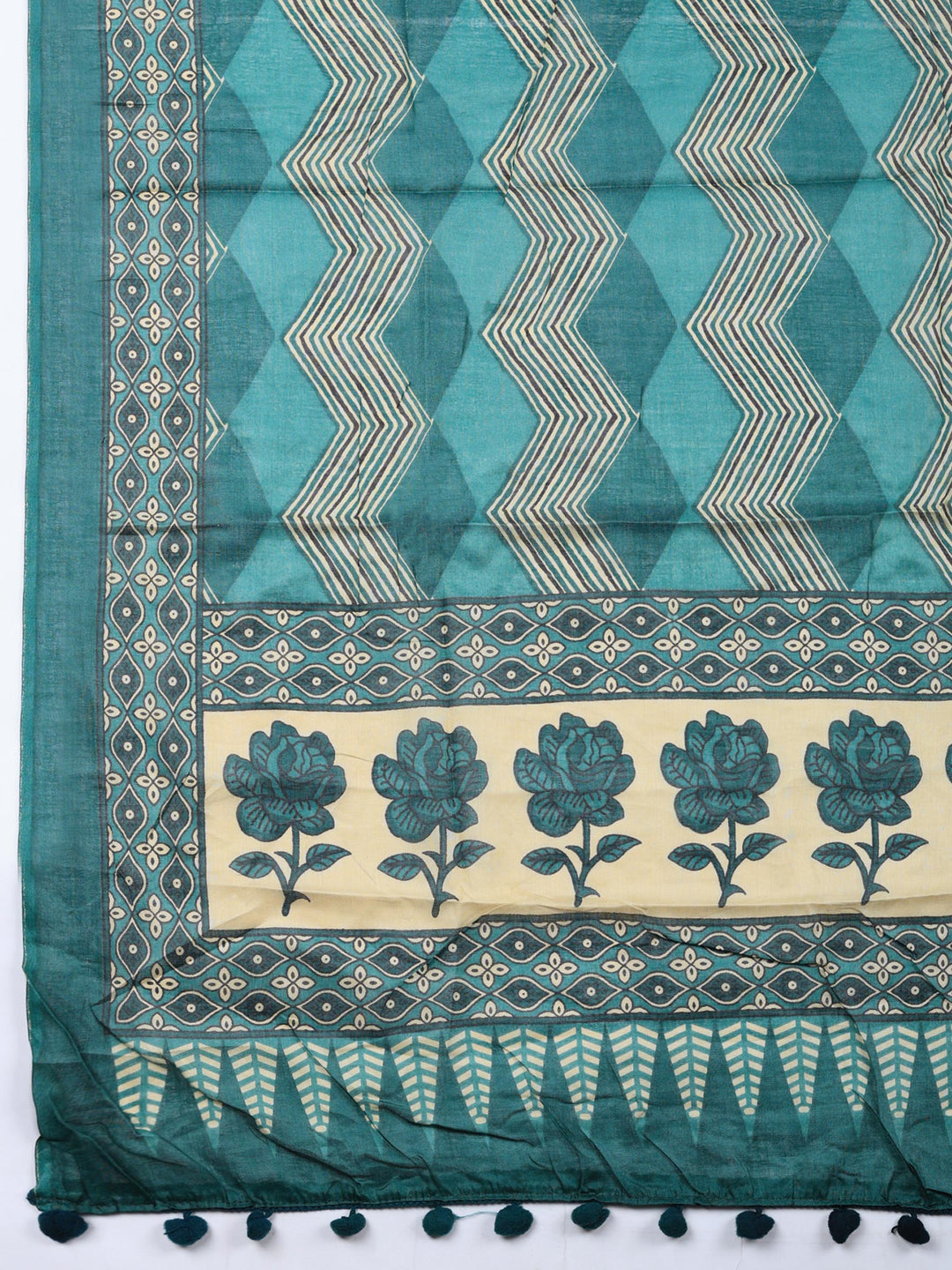 Teal Green Printed Cotton Blend Unstitched Suit &amp; Pant With Cotton Dupatta