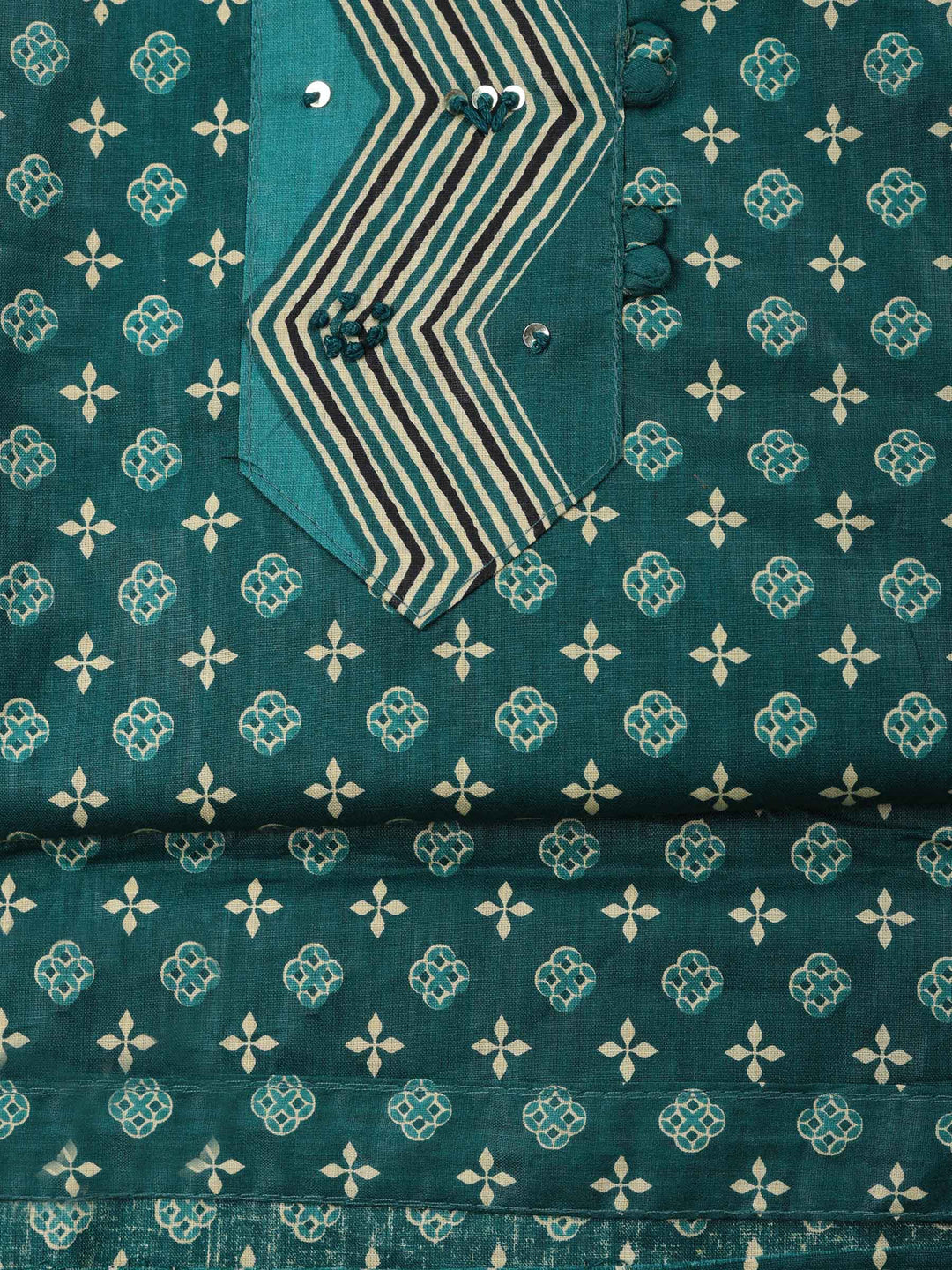 Teal Green Printed Cotton Blend Unstitched Suit &amp; Pant With Cotton Dupatta