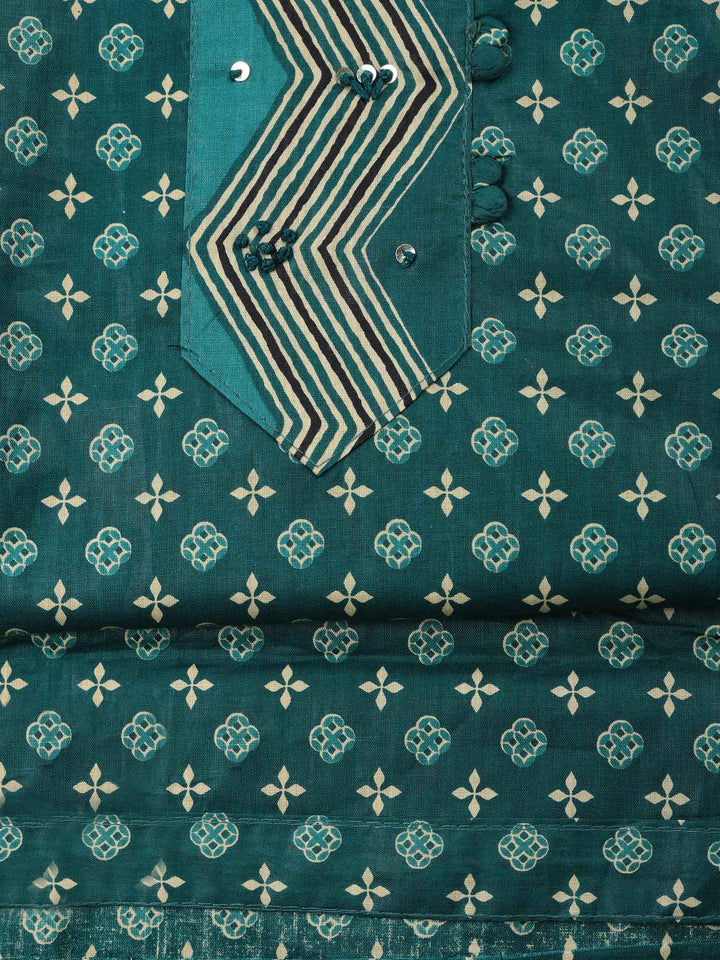 Teal Green Printed Cotton Blend Unstitched Suit &amp; Pant With Cotton Dupatta