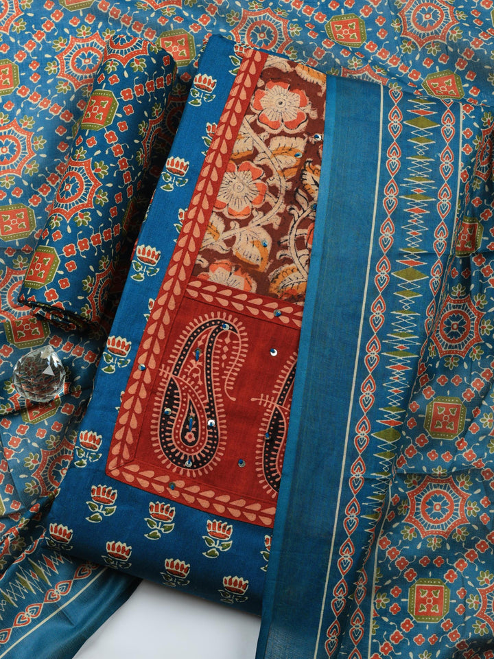 Blue Printed Cotton Blend Unstitched Suit &amp; Pant With Cotton Dupatta