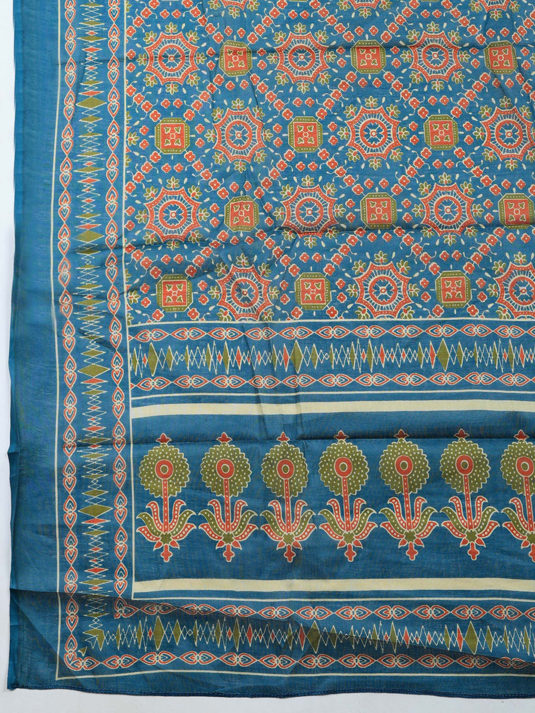 Blue Printed Cotton Blend Unstitched Suit &amp; Pant With Cotton Dupatta