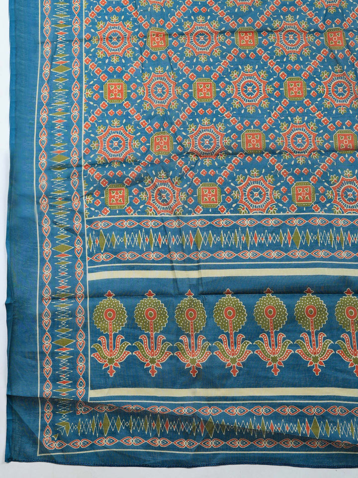 Blue Printed Cotton Blend Unstitched Suit &amp; Pant With Cotton Dupatta