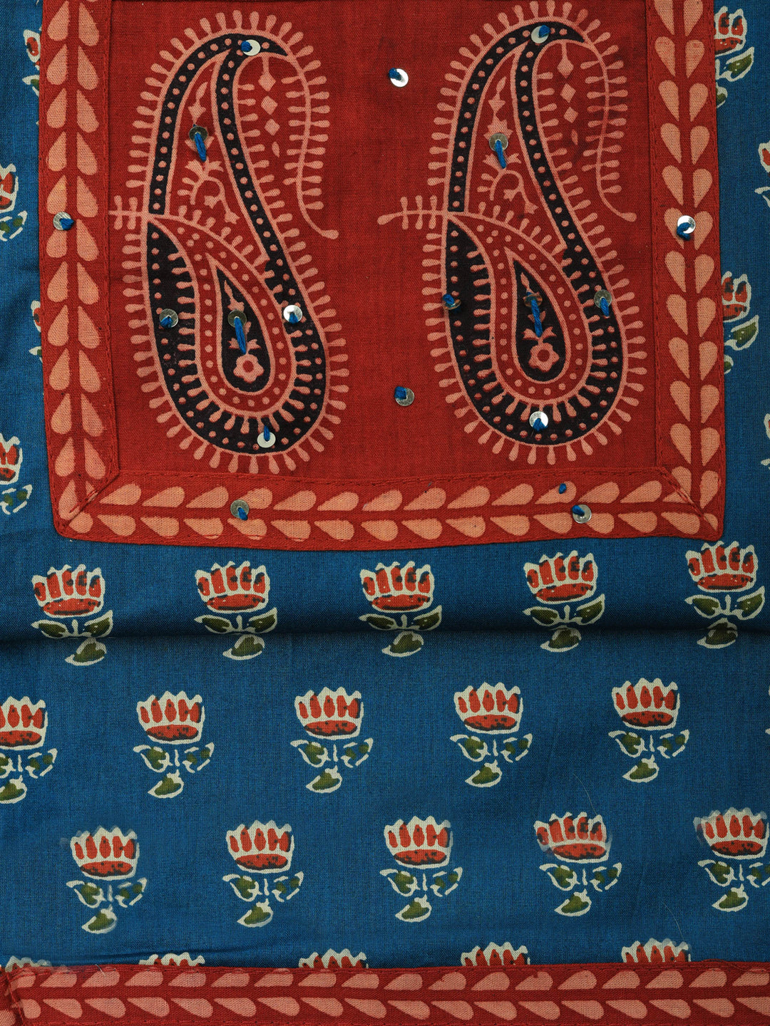Blue Printed Cotton Blend Unstitched Suit &amp; Pant With Cotton Dupatta