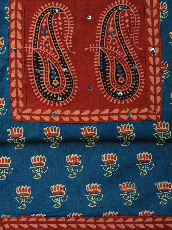 Blue Printed Cotton Blend Unstitched Suit &amp; Pant With Cotton Dupatta