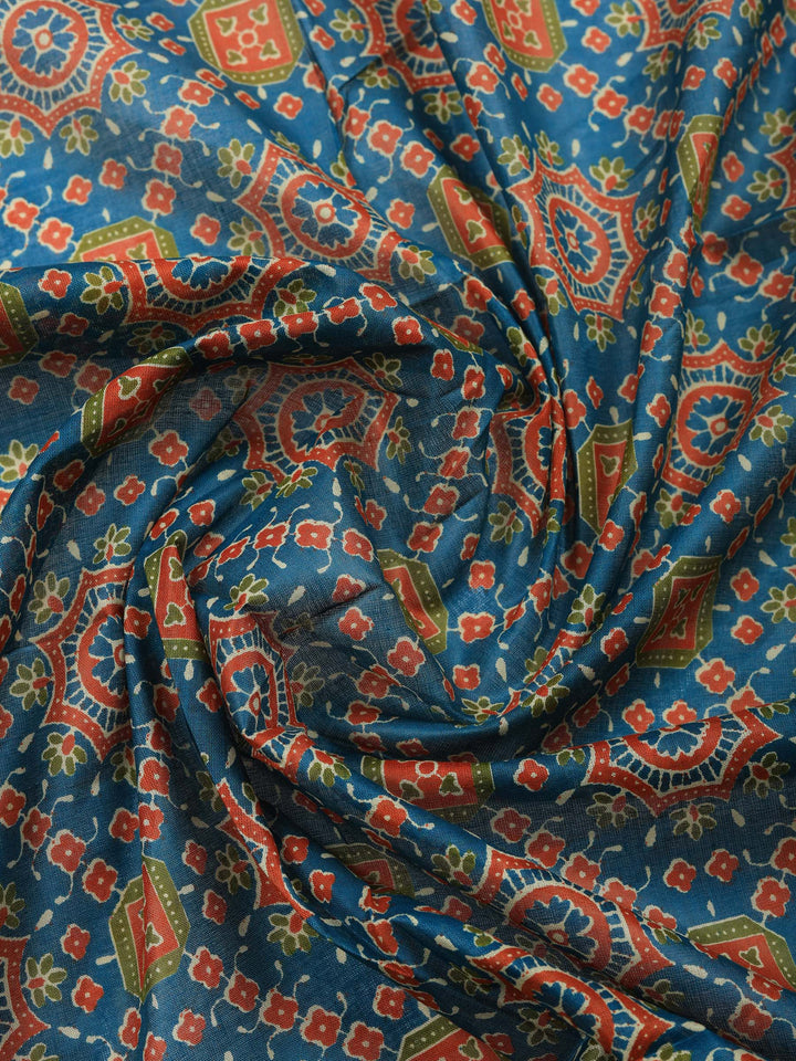 Blue Printed Cotton Blend Unstitched Suit &amp; Pant With Cotton Dupatta