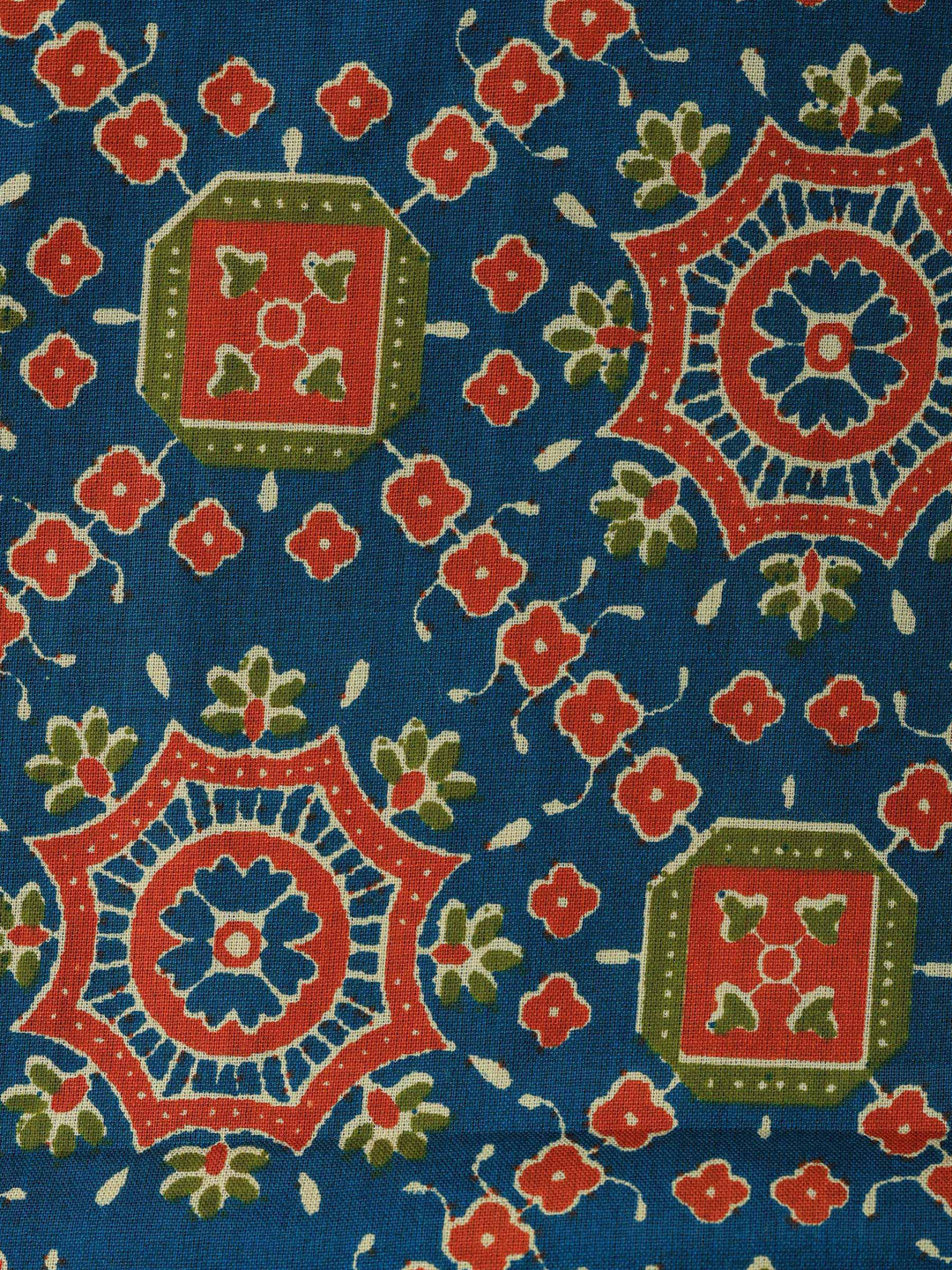 Blue Printed Cotton Blend Unstitched Suit &amp; Pant With Cotton Dupatta