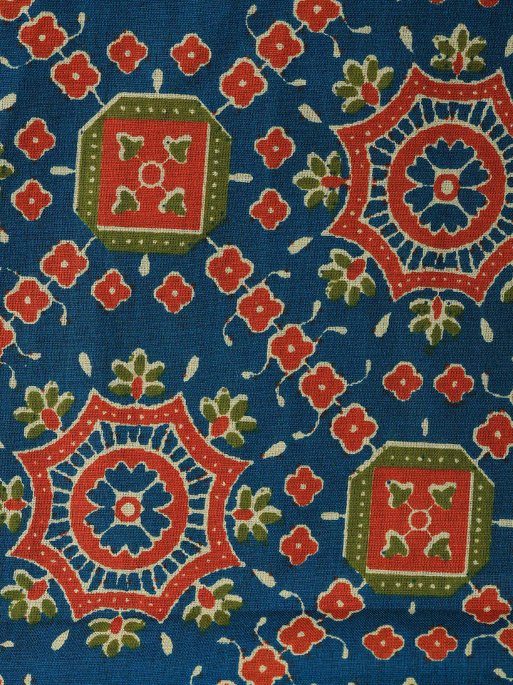 Blue Printed Cotton Blend Unstitched Suit &amp; Pant With Cotton Dupatta