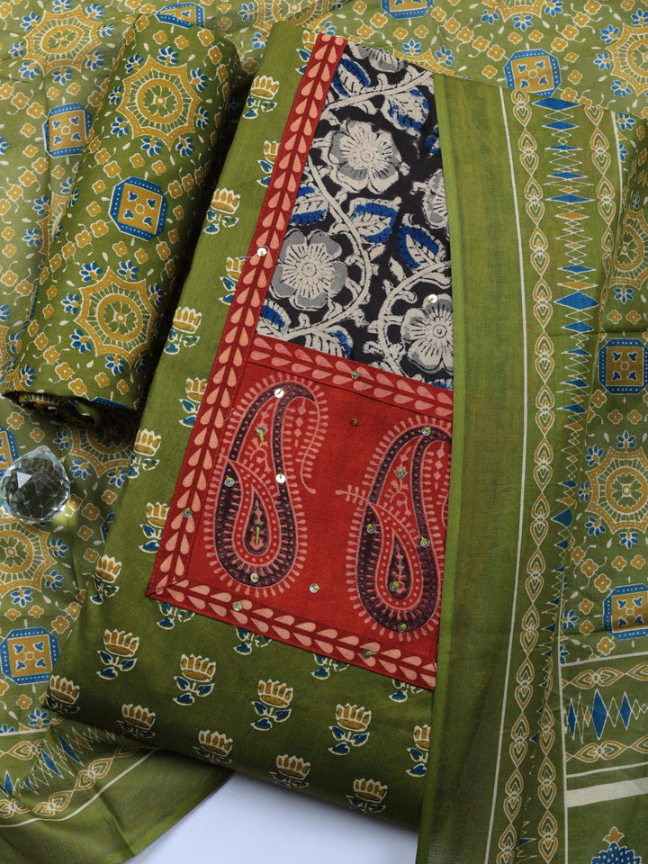 Green Printed Cotton Blend Unstitched Suit &amp; Pant With Cotton Dupatta