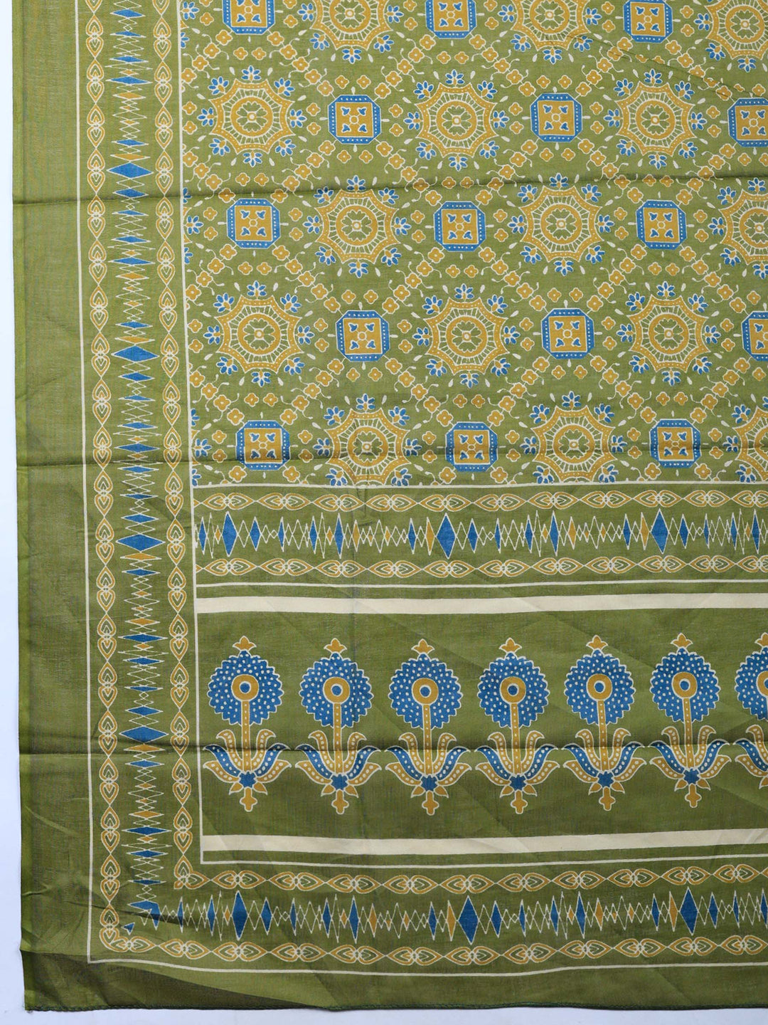 Green Printed Cotton Blend Unstitched Suit &amp; Pant With Cotton Dupatta