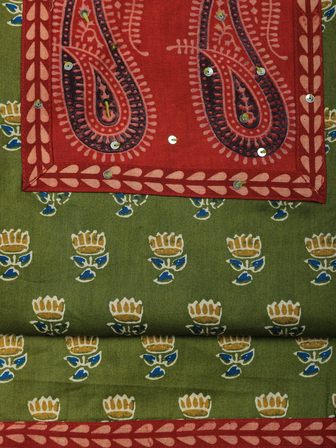 Green Printed Cotton Blend Unstitched Suit &amp; Pant With Cotton Dupatta
