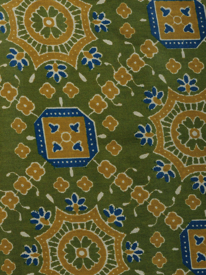 Green Printed Cotton Blend Unstitched Suit &amp; Pant With Cotton Dupatta