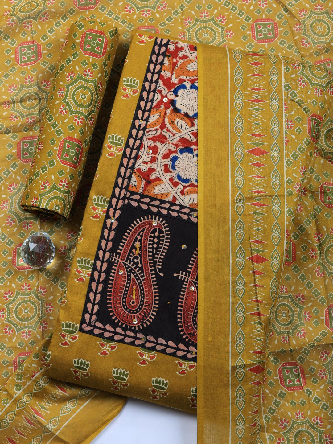 Mustard Printed Cotton Blend Unstitched Suit &amp; Pant With Cotton Dupatta