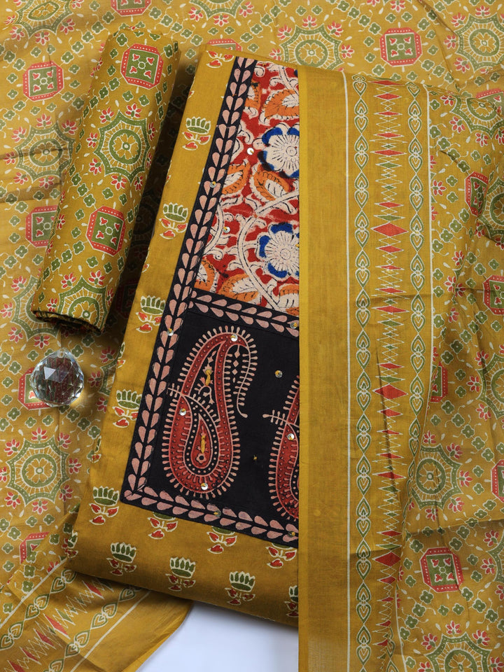 Mustard Printed Cotton Blend Unstitched Suit &amp; Pant With Cotton Dupatta