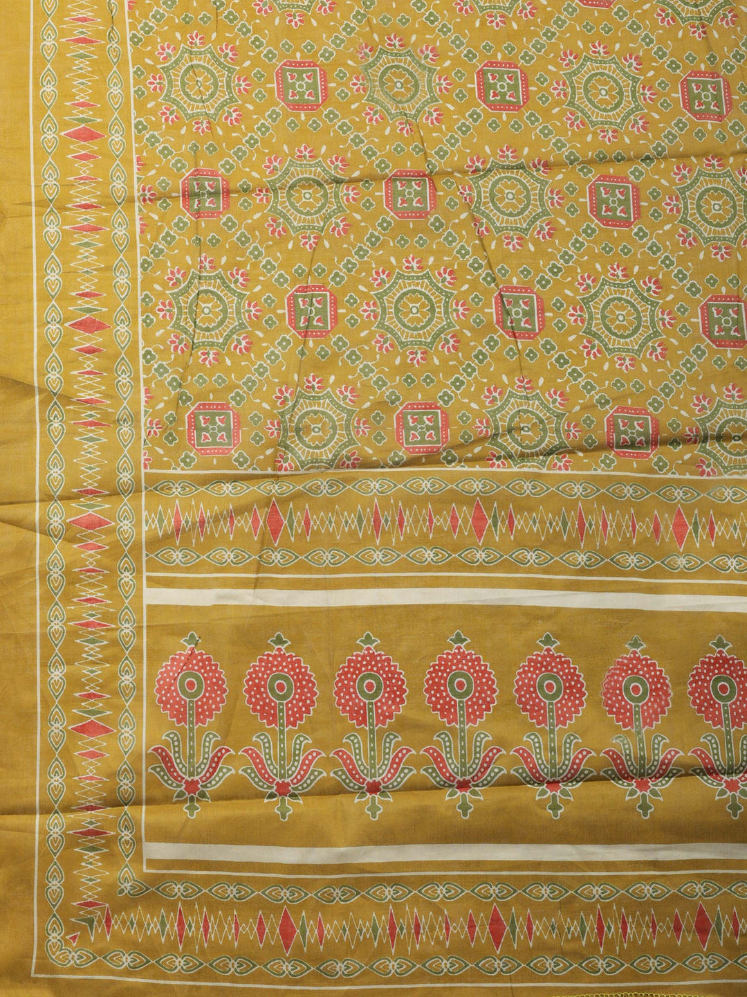 Mustard Printed Cotton Blend Unstitched Suit &amp; Pant With Cotton Dupatta