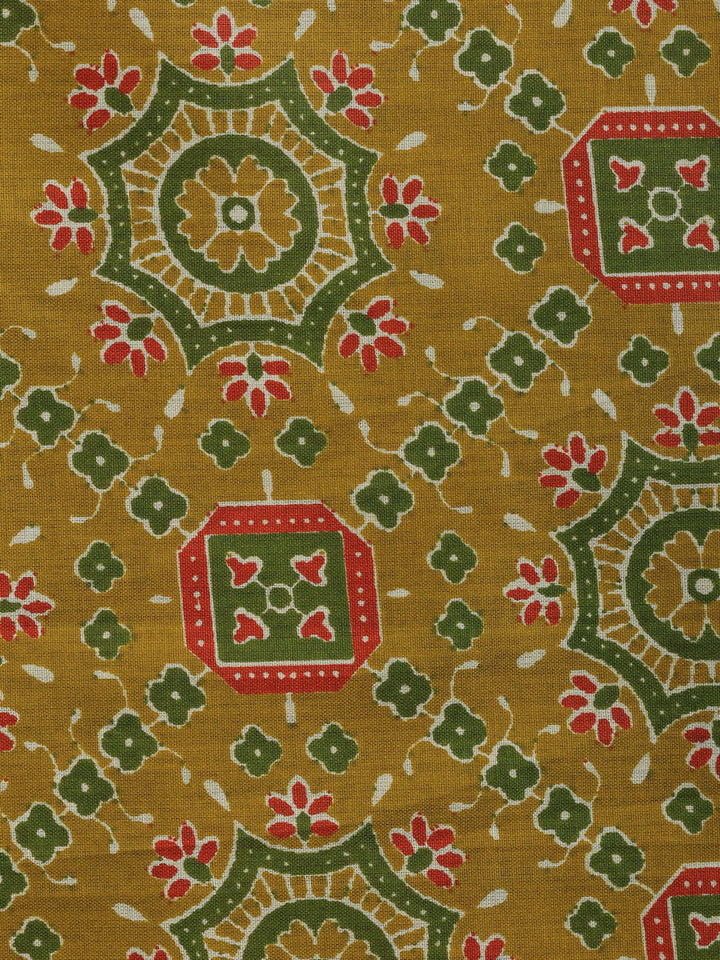 Mustard Printed Cotton Blend Unstitched Suit &amp; Pant With Cotton Dupatta
